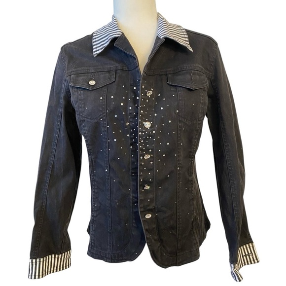Christine Alexander Black Denim Jacket Size Large Swarovski Crystal Rhinestones - Picture 1 of 7